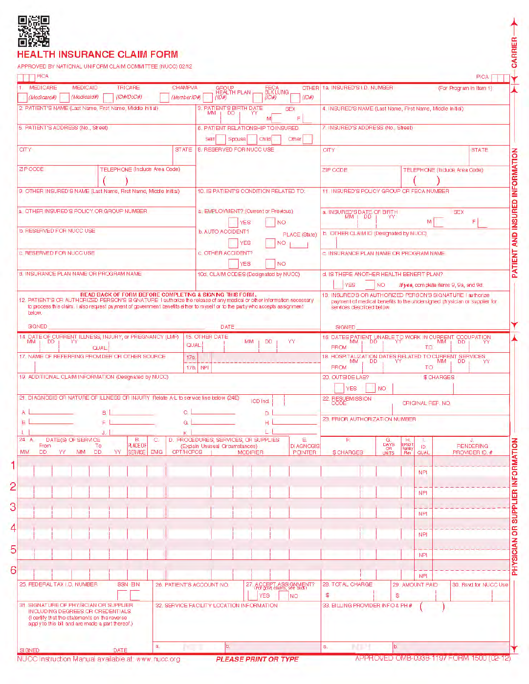 A dense insurance-style CMS-1500 claim form that illustrates why fixed-layout PDFs need careful template review.