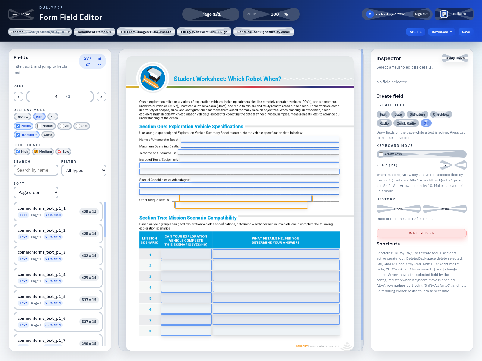 The DullyPDF workspace showing the homework worksheet after field detection, with visible overlays on the answer lines and table cells.