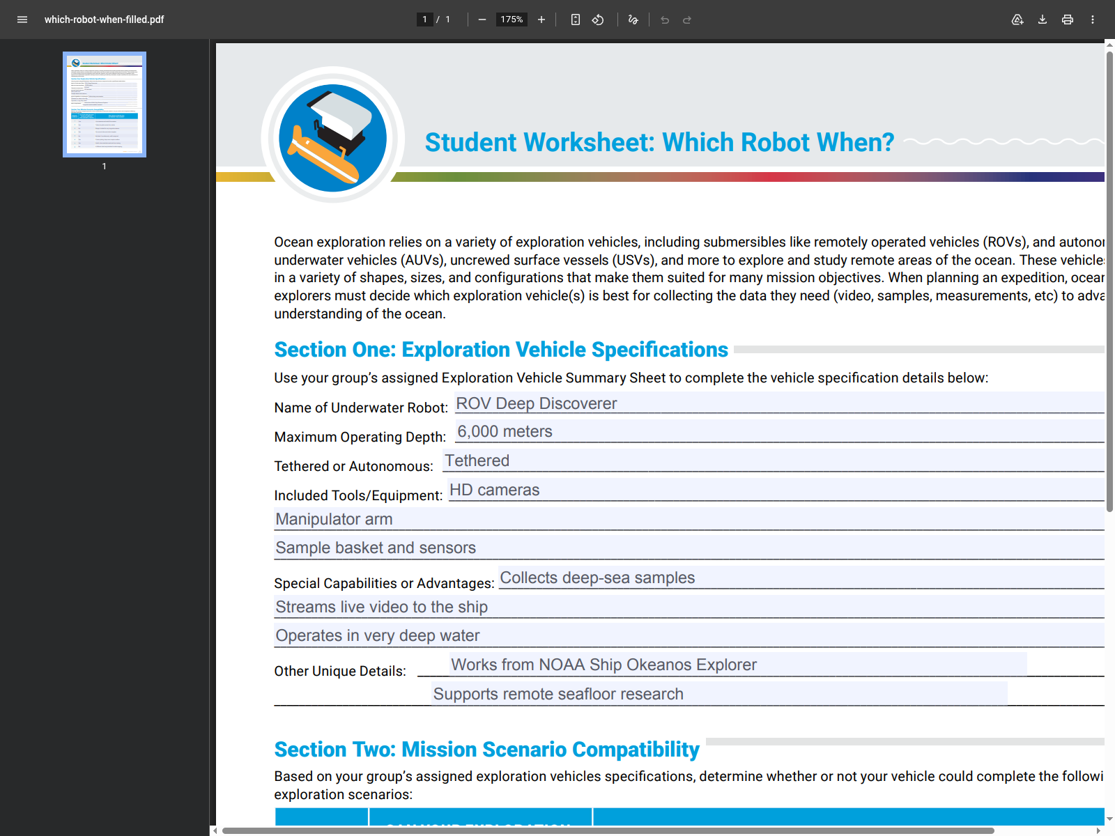 A browser PDF viewer showing the same homework worksheet after mock student answers were typed into the detected fields at 175 percent zoom.