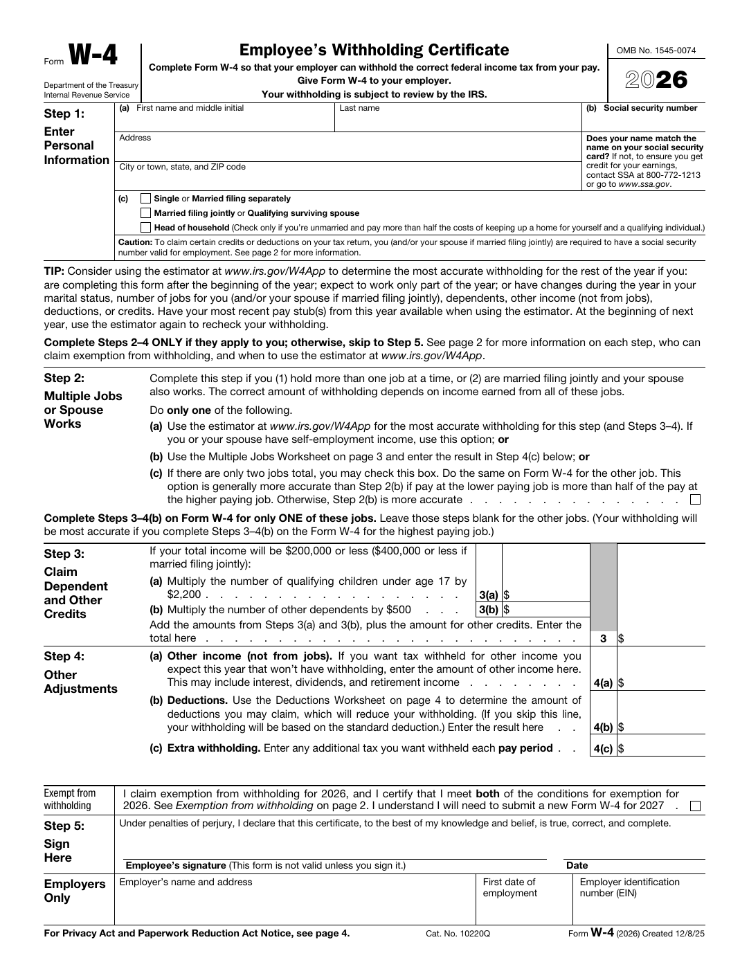 The official 2026 IRS Form W-4 employee withholding certificate downloaded from irs.gov.