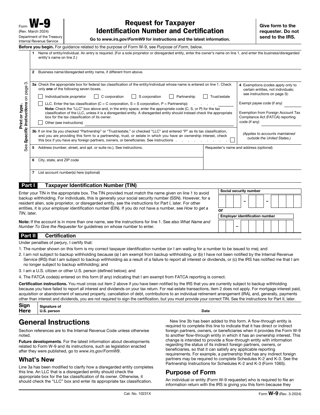 The official IRS Form W-9 request for taxpayer identification number downloaded from irs.gov.