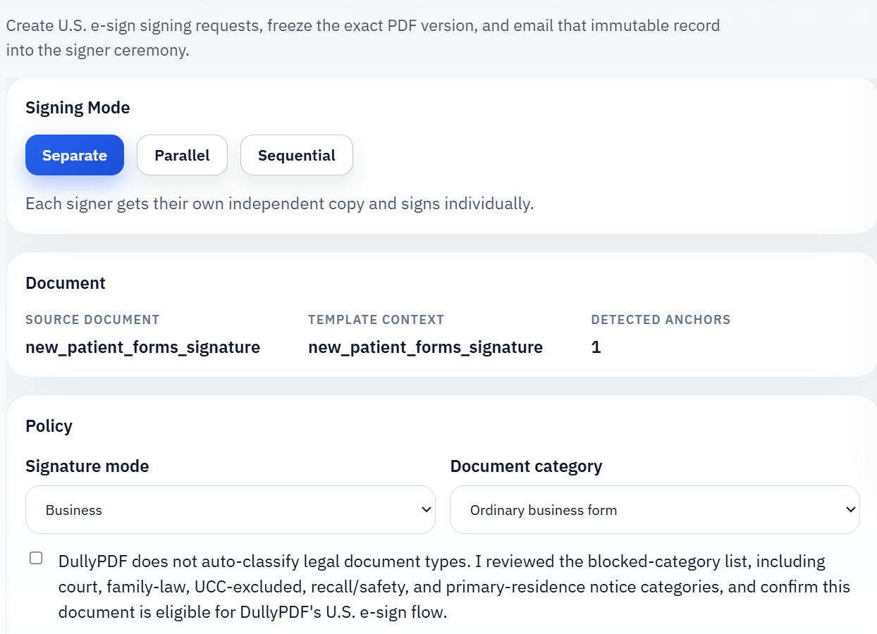DullyPDF showing its signature workflow after document preparation and review.