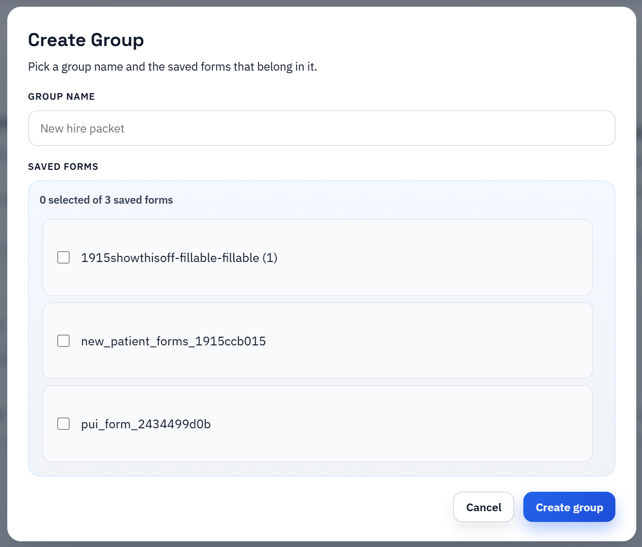 DullyPDF showing saved-form grouping for teams that manage multiple recurring templates.