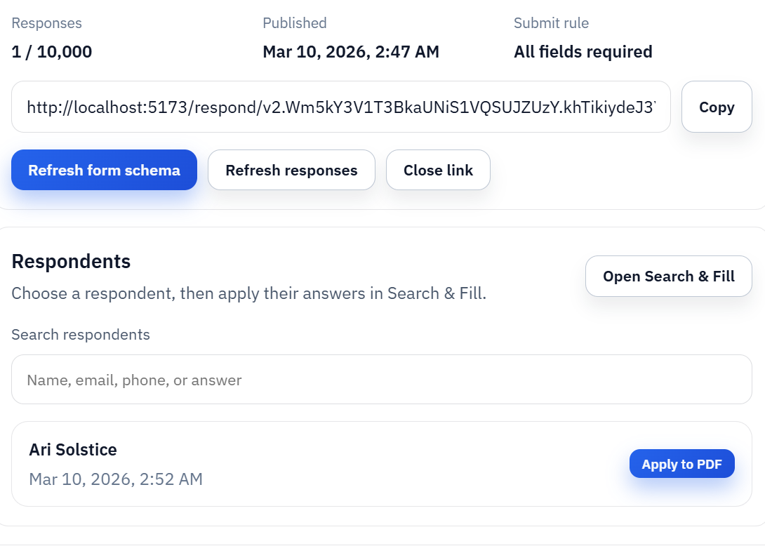 DullyPDF showing the Fill By Link builder and generated public response workflow.