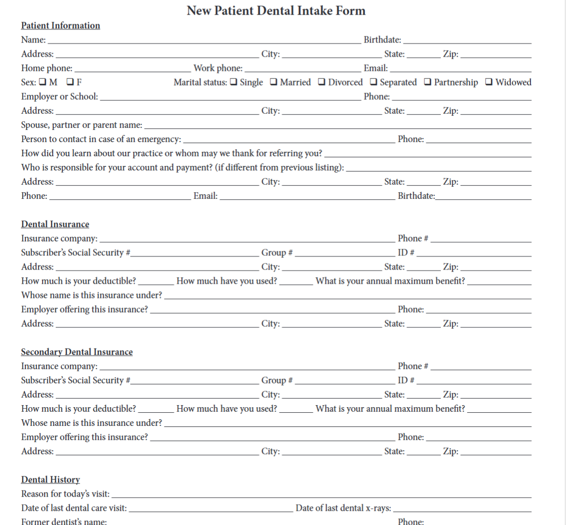 Raw PDF intake form with blank fields and section headers.