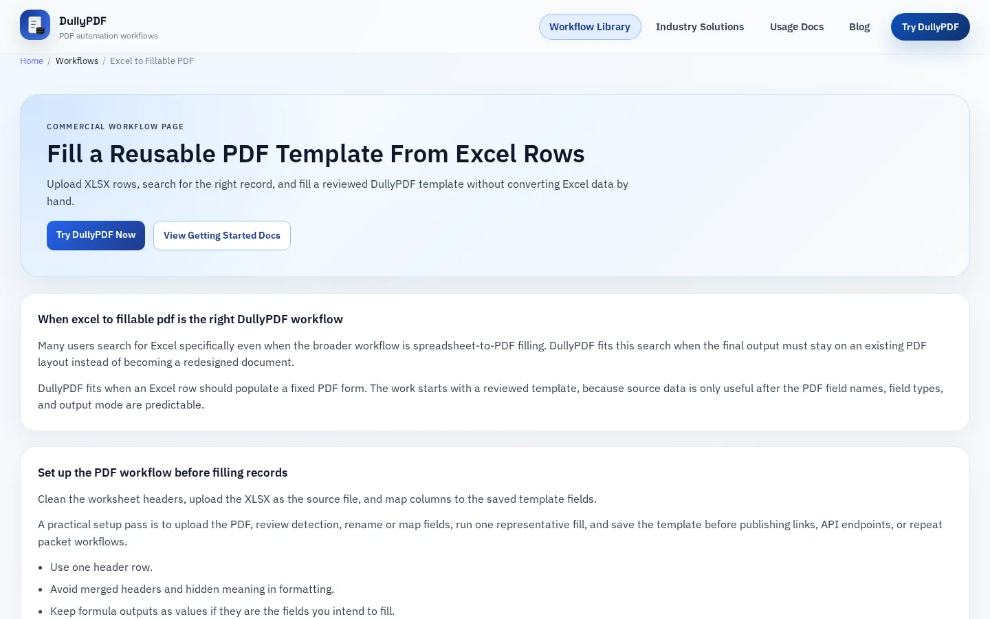 DullyPDF Excel-to-PDF workflow preview with spreadsheet rows mapped into a reusable PDF template.