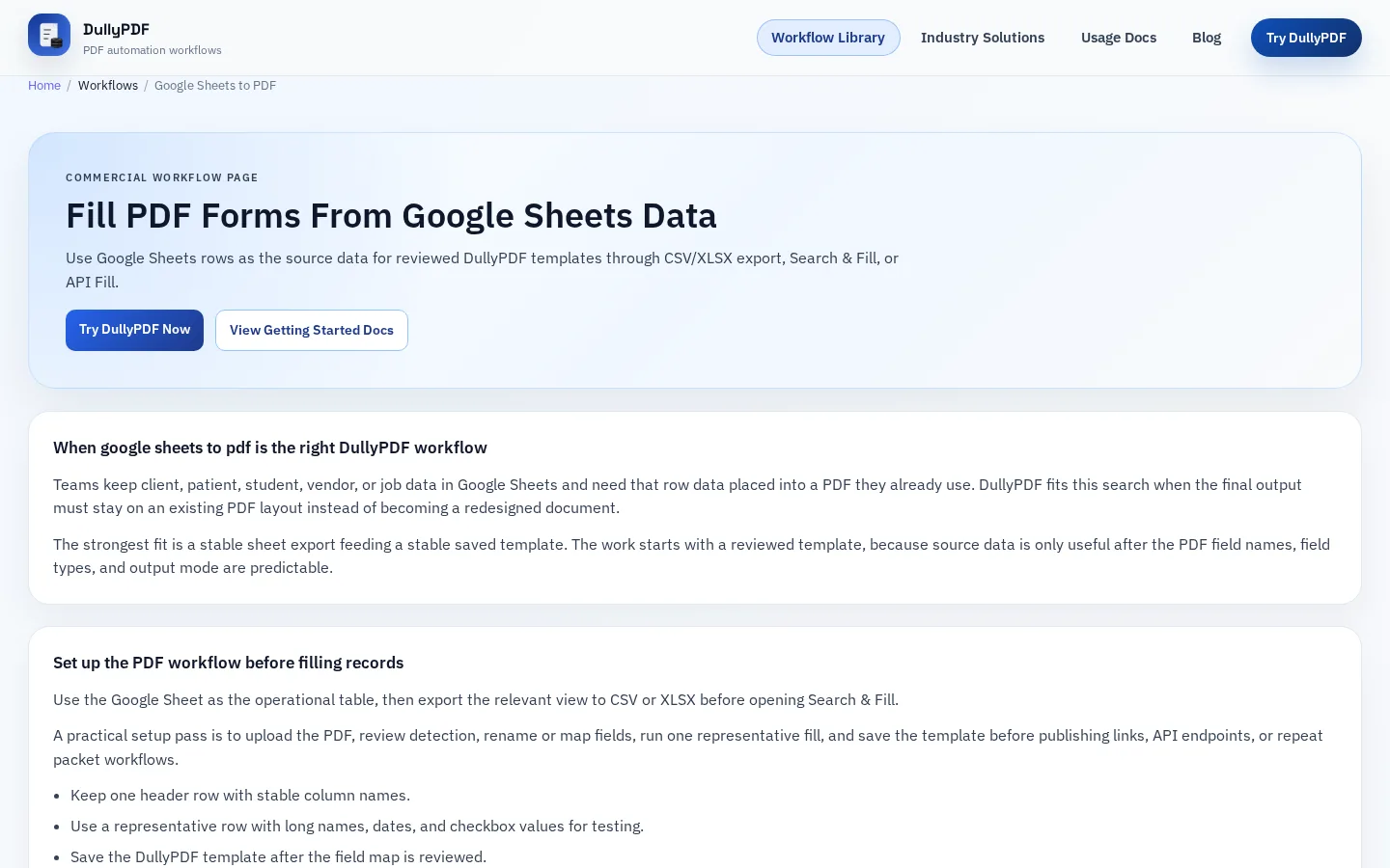 DullyPDF public workflow page screenshot for Google Sheets workflow.