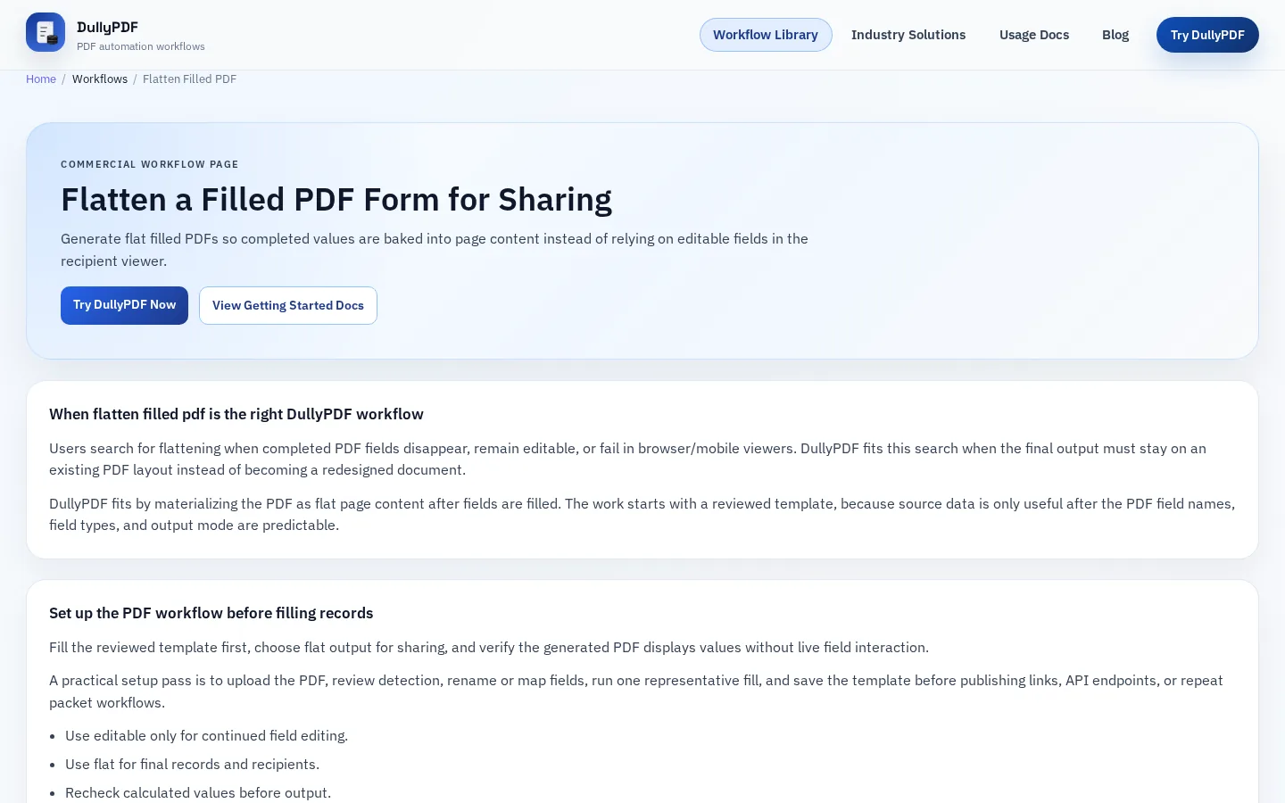 DullyPDF public workflow page screenshot for Flat PDF output.