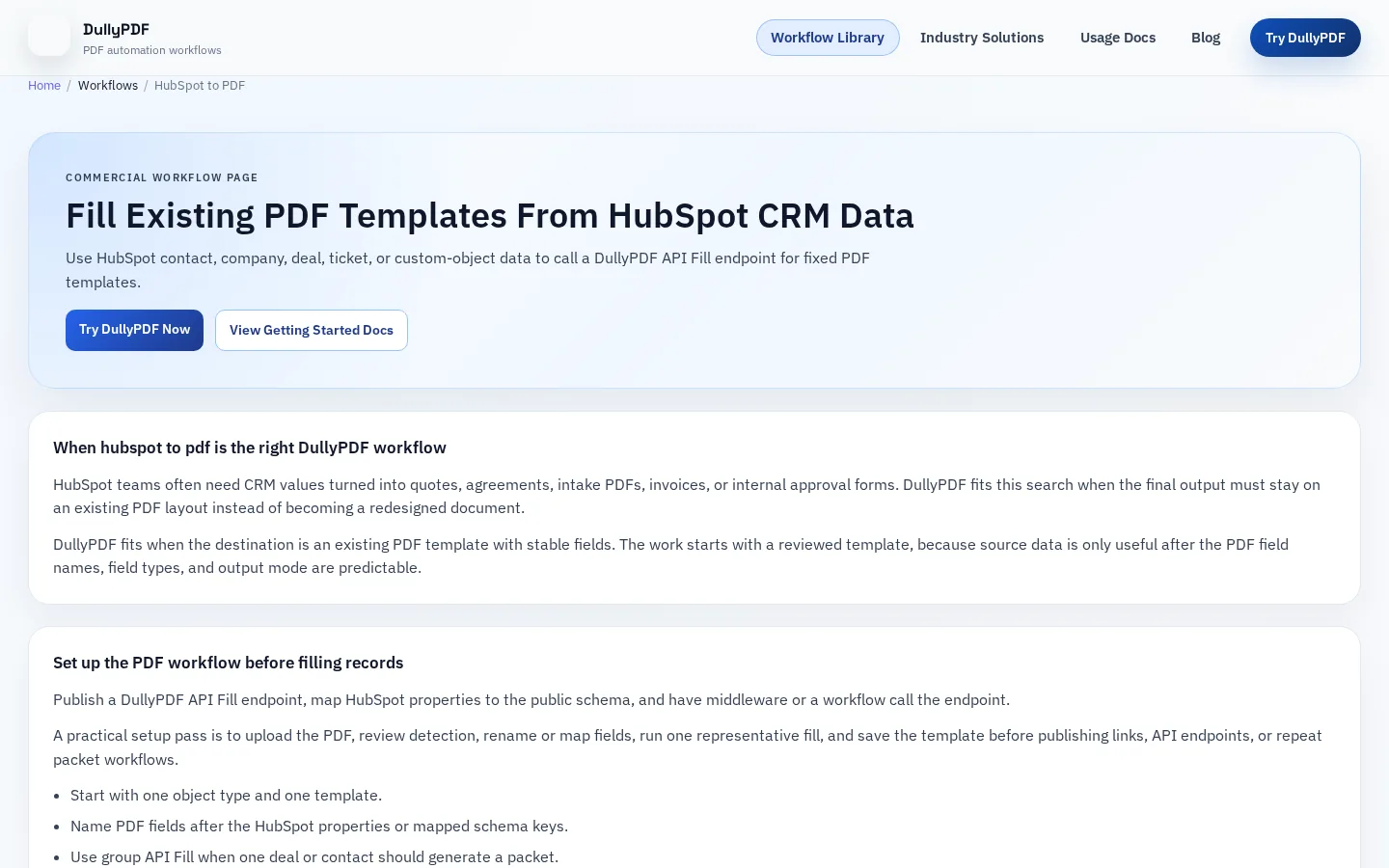DullyPDF public workflow page screenshot for HubSpot workflow.