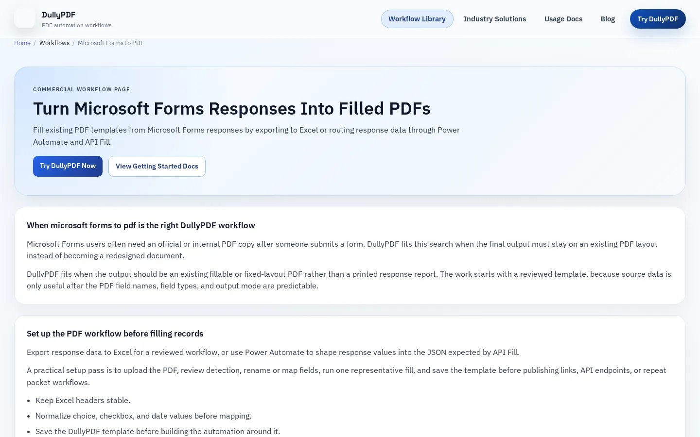 DullyPDF public workflow page screenshot for Microsoft Forms workflow.
