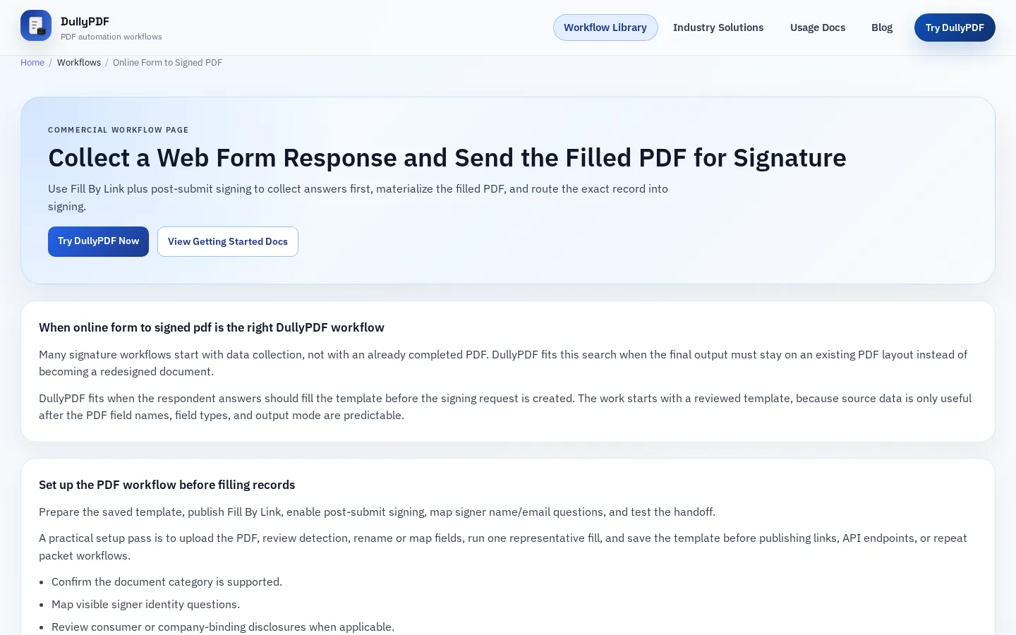 DullyPDF public workflow page screenshot for Form to signature.