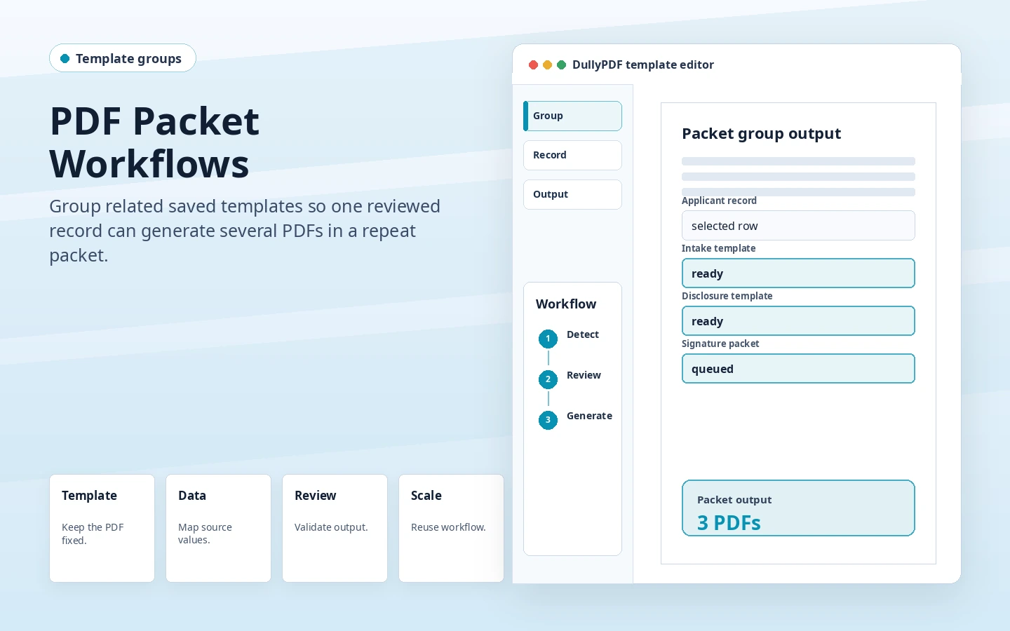 Vista de flujo de paquete PDF para rellenar varios documentos desde un registro.