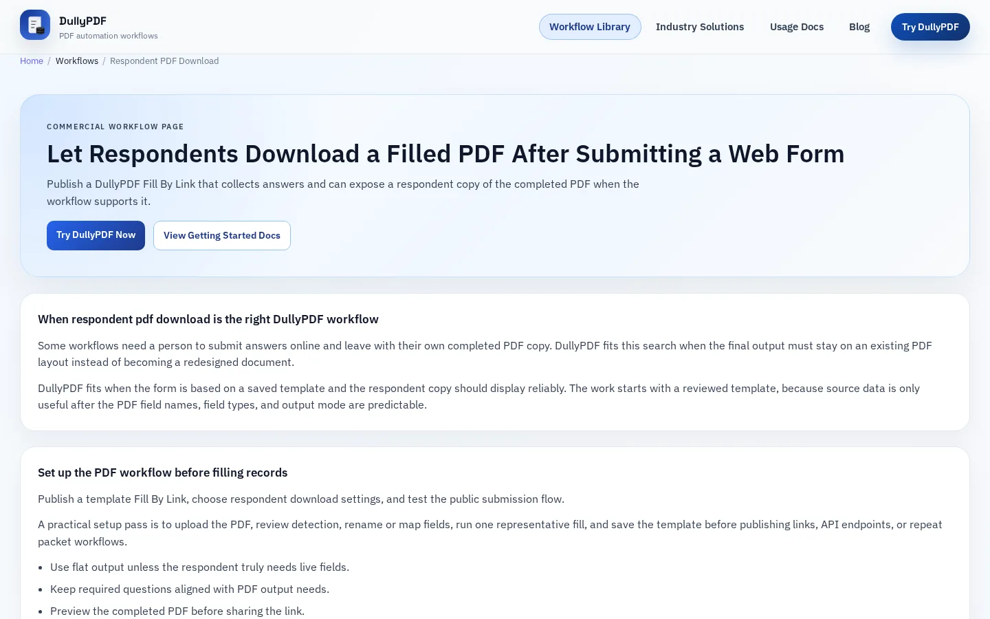 DullyPDF public workflow page screenshot for Respondent download.