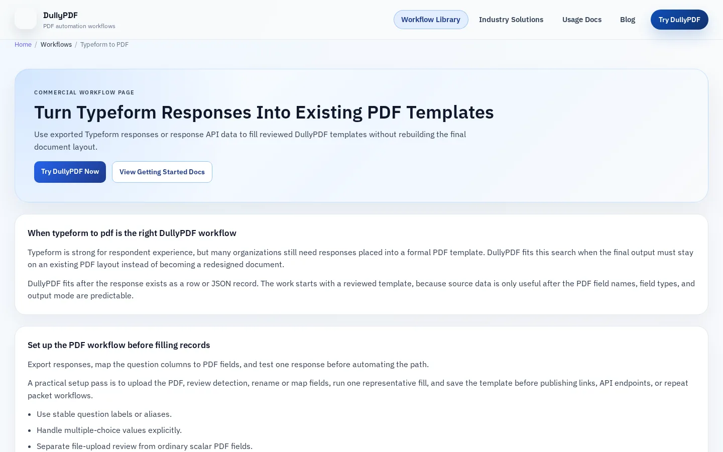 DullyPDF public workflow page screenshot for Typeform workflow.