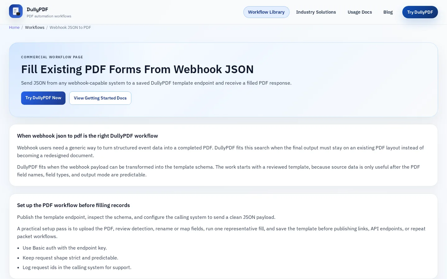 DullyPDF public workflow page screenshot for Webhook workflow.