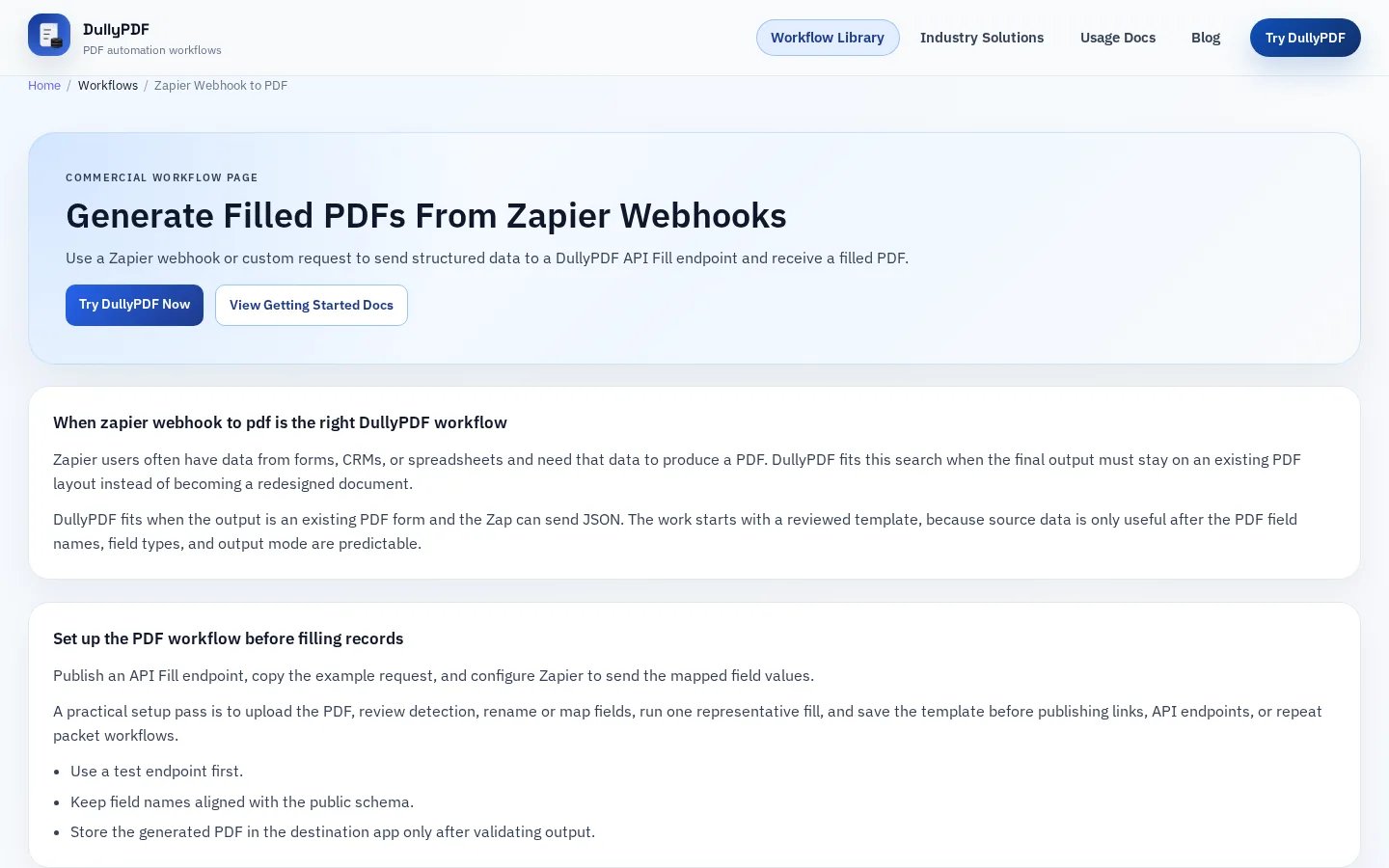DullyPDF public workflow page screenshot for Zapier workflow.